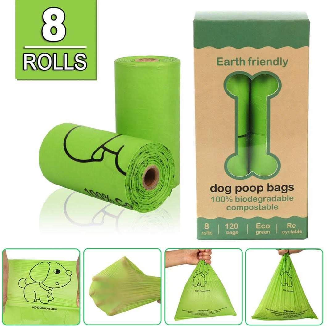Bolsas compostables para cacas de perro, bolsa de caca a base de plantas  para perros. 180 extra ancho sin perfume, gruesas a prueba de fugas, bolsas  con mango de residuos de mascotas
